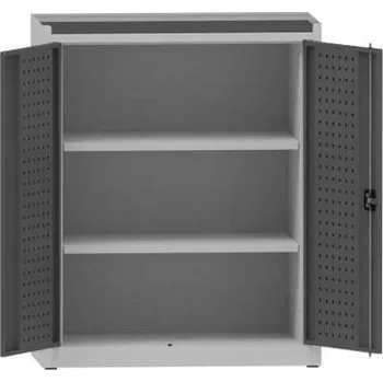 Dílenská skříň na nářadí, v x š x h: 1170x950x500 mm, perforované panely, 2 x police, barva šedá RAL7035/antracit RAL7016