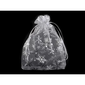 Vánoční dárkový pytlík vločky 13x18 cm organza, barva 1 bílá stříbrná