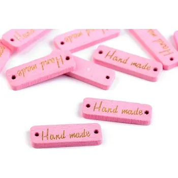 Dřevěný štítek Hand made 10x30mm, růžová střední 750043