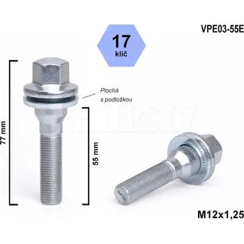 Šroubek na kolo Kolový šroub M12x1,25x55, VPE03-55E, plochá podložka, CITROËN, FIAT, PEUGEOT, klíč 17, výška 77 mm
