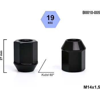 Matice na kolo Kolová matice M14x1,5 kužel otevřená, odlehčená, klíč 19, B0010-005, černá, výška 27