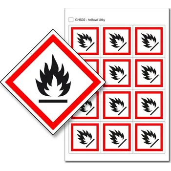 GHS02 - Hořlavé látky - aršík - 12 nálepek 30 x 30 mm