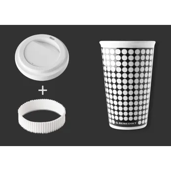 Termohrnek Porcelánový pohárek Coffee to Go s víčkem a páskou "Bílé puntíky na černém" - 440 ml
