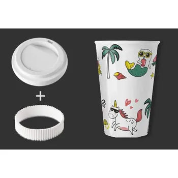 Termohrnek Porcelánový pohárek Coffee to Go s víčkem a páskou "Tropical" - 440 ml