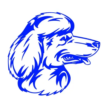 samolepka Pes 013 pravá Pudl (19 - modrá dynamic) SAMOLEPKA NA AUTO, NÁLEPKA, FÓLIE, POLEP, TUNING, VLASTNÍ TEXT, TISK, AUTOSAMOLEPKY.cz, POLEPY, OBRÁZEK, LOGO, 3D STICKERS