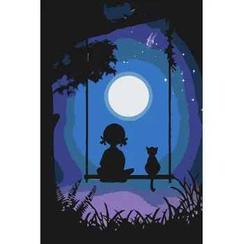 Malování podle čísel - Děvče s kočkou na houpačce Velikost: 40x60cm, Rámování: Pouze srolované plátno