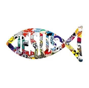 samolepka Jesus rybička 003 křesťanský symbol (83 - Sticker bomb) SAMOLEPKA NA AUTO, NÁLEPKA, FÓLIE, POLEP, TUNING, VLASTNÍ TEXT, TISK, AUTOSAMOLEPKY.cz, POLEPY, OBRÁZEK, LOGO, 3D STICKERS