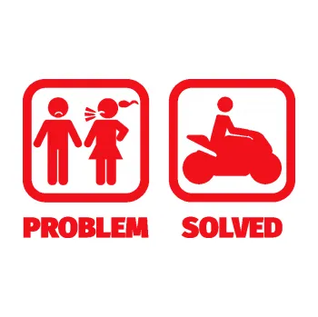 Polep vozidla SAMOLEPKA Problem? Solved 005 motorkář (10 - červená) NA AUTO, NÁLEPKA, FÓLIE, POLEP, TUNING, VLASTNÍ TEXT, TISK, AUTOSAMOLEPKY.cz, POLEPY, OBRÁZEK, LOGO, SAMOLEPKY