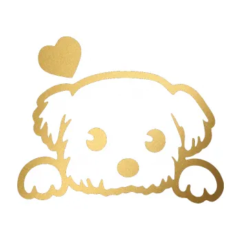 Polep vozidla Pes 057 levá se srdíčkem (43 - zlatá metalíza) SAMOLEPKA NA AUTO, NÁLEPKA, FÓLIE, POLEP, TUNING, VLASTNÍ TEXT, TISK, AUTOSAMOLEPKY.cz, POLEPY, OBRÁZEK, LOGO, 3D STICKERS