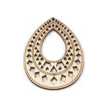 Dětské navlékací korálky Dřevěný výřez kapka s ornamenty 67x50mm