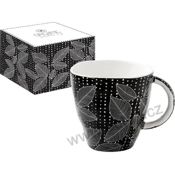 Easy Life ORGANIC 1 porcelánový černý hrnek s bílými obrysy listů a puntíky 375ml