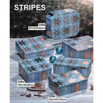 Dóza na potraviny STRIPES modrá plechová dóza na sladkosti 3394 se zlatými měděnými hvězdami a proužky