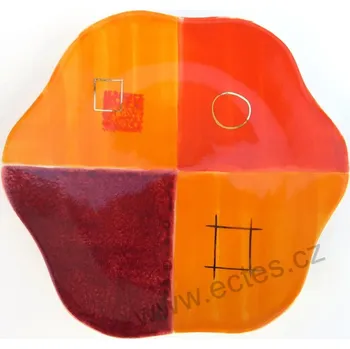 Talíř ChaCult PATRICIA keramický dezertní talíř červená a oranžová pole se zlatými geometrickými útvary