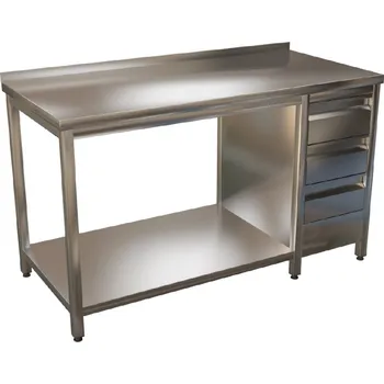 Dílenský stůl Stůl nerez s blokem tří zásuvek a policí KSPZV hloubka 700mm Délka: 1200x700mm