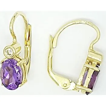 Náušnice Zlaté náušnice s diamanty a přírodním ametystem, žluté zlato, briliantové náušnice ze zlata VE 146