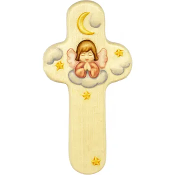 Vánoční dekorace Ornatis Dětský kříž - anděl na obláčku Provedení: Malované - růžový anděl, Velikost: 15 cm