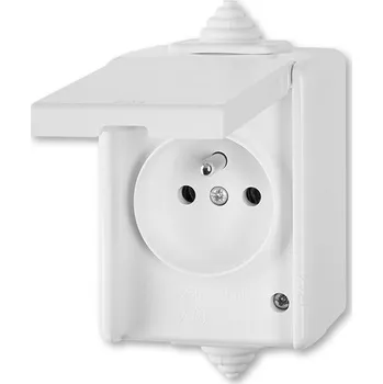 Elektrická zásuvka ABB Praktik 5518-2969 B Zásuvka jednonásobná IP 44, s ochranným kolíkem, s víčkem, bílá vhodné na dřevo bez podložky
