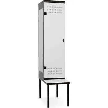 Šatní skříň TRITON Šatní skříňka 1-dveřová s lavičkou, 2195 x 420 x 780 mm - kovová Provedení zámku: otočný uzávěr Burg, Provedení skeletu: kov šedá RAL 7035, Provedení dveří: kov modrá RAL 5005