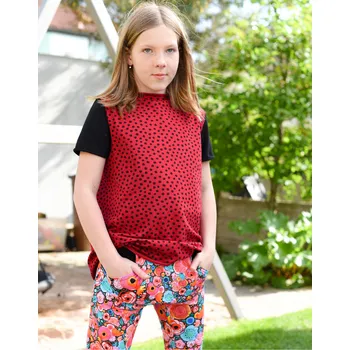 Dívčí oblečení červená bavlněná tunika s puntíky