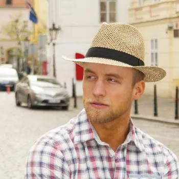 Klobouk Pánský klobouk z mořské trávy zdobený stuhou 56