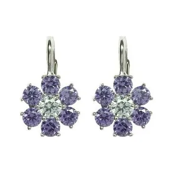 Náušnice Stříbrné zirkonové náušnice kytky fialové