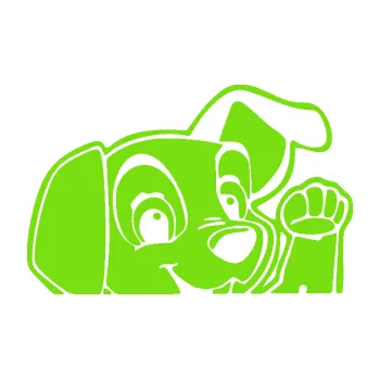 Polep vozidla Pes 177 pravá mává z auta (04 - zelená kawasaki) SAMOLEPKA NA AUTO, NÁLEPKA, FÓLIE, POLEP, TUNING, VLASTNÍ TEXT, TISK, AUTOSAMOLEPKY.cz, POLEPY, OBRÁZEK, LOGO, 3D STICKERS