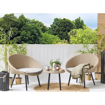 Zahradní sestava Sada zahradního nábytku 2místný ratanový ocelový rám kulatý stůl bezpečnostní sklo včetně polštářů v krémově bílé terase venkovní moderní Beliani