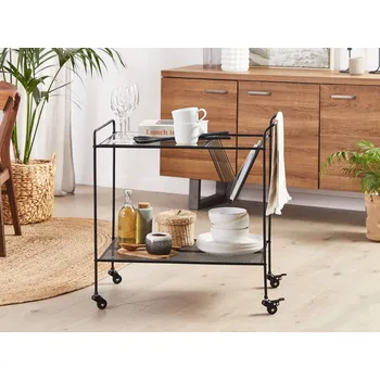 Nábytek Kuchyňský vozík černý kovový 70 cm na kolečkách vrchní deska z tvrdého skla s policí industriální moderní design Beliani