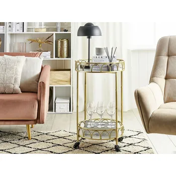 Servírovací stolek Zlatý kuchyňský vozík s kovovým rámem a deskou s mramorovým efektem na kolečkách ve stylu glamour Beliani