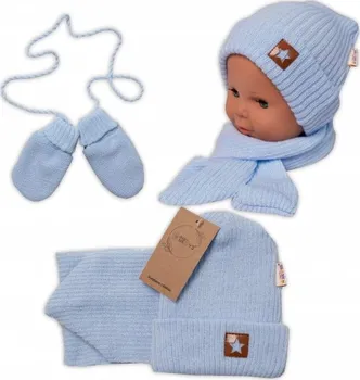 Kojenecká souprava Baby Nellys Star pletená čepice se šálou a rukavičky 3v1 světle modrá