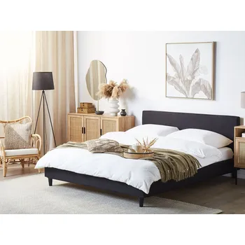 Postel Čalouněná postel černá 160 x 200 cm LED osvětlení vzhled dvojitého povlečení Klasický rovný tvar Beliani