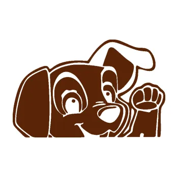 Polep vozidla Pes 177 pravá mává z auta (15 - hnědá) SAMOLEPKA NA AUTO, NÁLEPKA, FÓLIE, POLEP, TUNING, VLASTNÍ TEXT, TISK, AUTOSAMOLEPKY.cz, POLEPY, OBRÁZEK, LOGO, 3D STICKERS