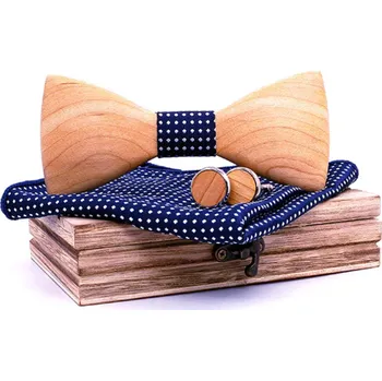 Dřevěný motýlek s kapesníčkem a manžetovými knoflíčky 709226