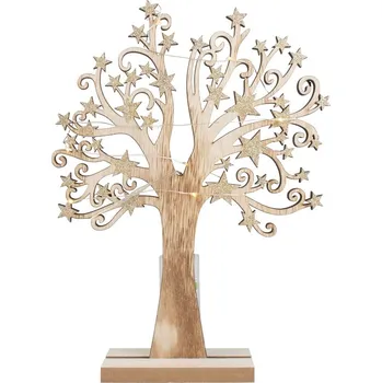 Vánoční dekorace Strom dřevěný se zlatými hvězdami 22 x 30 cm, s LED světýlky