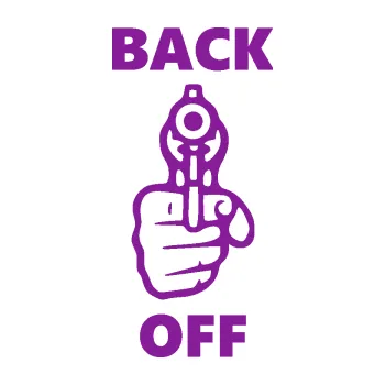 Polep vozidla SAMOLEPKA Back off levá zbraň (14 - fialová) NA AUTO, NÁLEPKA, FÓLIE, POLEP, TUNING, VLASTNÍ TEXT, TISK, AUTOSAMOLEPKY.cz, POLEPY, OBRÁZEK, LOGO, SAMOLEPKY
