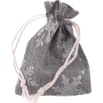 Vánoční dekorace Pytlík lněný stahovací 15x20cm, šedý s vločkami