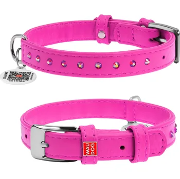 Vodítko pro psa Růžový kožený obojek s kamínky 21-29 cm - 2. JAKOST (Kvalitní kožený růžový obojek z pravé kůže. Délka je nastavitelná 21-29 cm a šířka je 12 mm. Obojek je zdobený kamínky a má kovovou přezku.)