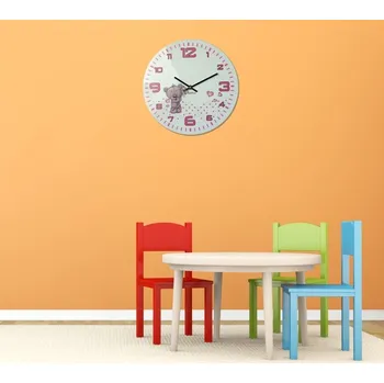 Hodiny Bílé nástěnné hodiny pro děti s medvídkem a červeným ciferníkem