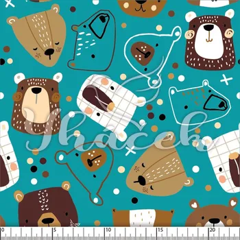 Zakázkový tisk, softshell, kočárkovina... Malovaní medvědi na tyrkysové Látky k tisku: Microfirba