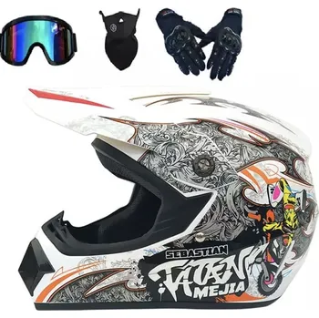 Helma na motorku Dětská krosová moto přilba Tatan bílá v setu s moto brýlemi rukavicemi a nákrčníkem