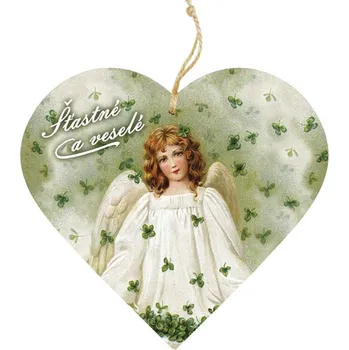 Bohemia Gifts Dřevěné dekorační srdce s potiskem Anděl se čtyřlístky 12 cm
