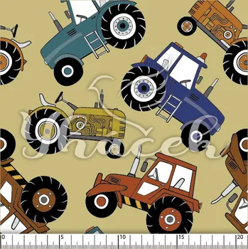 Zakázkový tisk, softshell, kočárkovina... Traktory na béžové Látky k tisku: Fleece