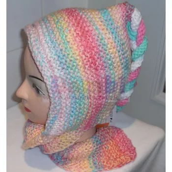 Čepice Dívčí ručně pletená čepice se šálou(2v1) (růžová duha)