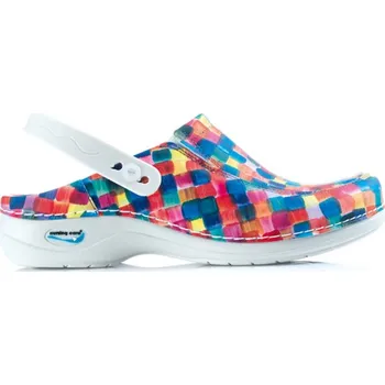 Dámské pantofle Nursing Care PARIS WG4PF7 pracovní kožená pratelná obuv s certifikací s páskem barevné čtverečky Velikost: 40