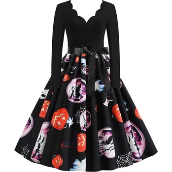 Dámské šaty Šaty se vzorovanou sukni a vlnitým výstřihem Velikost: XL, Barva (Varianta): Halloween 006