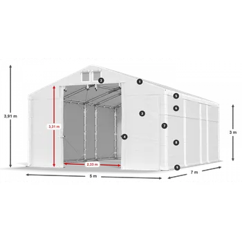 Zahradní stan Skladový stan 5x7x3m střecha PVC 620g/m2 boky PVC 620g/m2 konstrukce POLÁRNÍ Bílá Bílá Bílá
