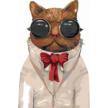 Malování podle čísel - Kocour v brýlích s červenou mašlí, 40x50 cm, bez rámu a bez vypnutí plátna