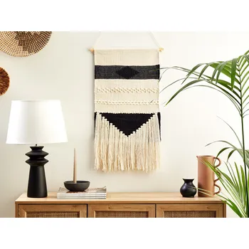 Obývací stěna Závěs na stěnu Béžová bavlna ručně tkaný se střapci Geometrický vzor Nástěnná Závěsná dekorace Boho styl Obývací pokoj Ložnice Beliani