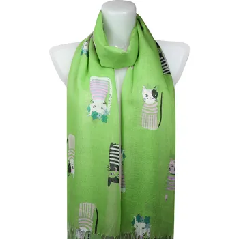 Šátek Dámský tenký obdélníkový šál 378-4, kočičí postavičky - zelené barvy 7200610-6
