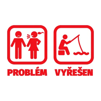 Polep vozidla SAMOLEPKA Problém? Vyřešen 006 na ryby (10 - červená) NA AUTO, NÁLEPKA, FÓLIE, POLEP, TUNING, VLASTNÍ TEXT, TISK, AUTOSAMOLEPKY.cz, POLEPY, OBRÁZEK, LOGO, SAMOLEPKY